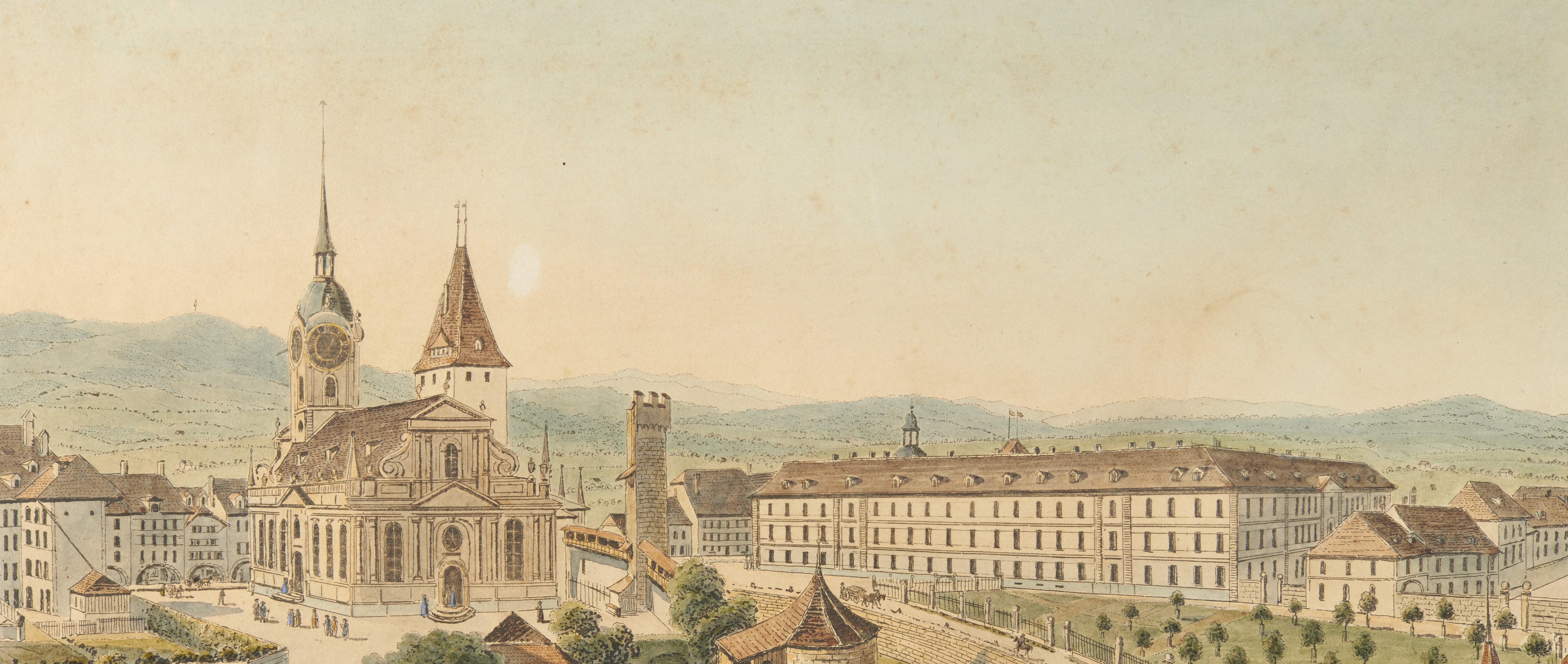 Bild der Berner Heiliggeistkirche und des Burgerspitals nach einer Vorlage aus dem Jahr 1740